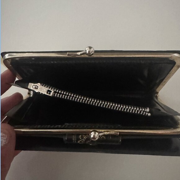 Vintage Embroidered Leather Wallet / Clutch – Black w/ Floral Pink & Gold Detail - Picture 2 of 3